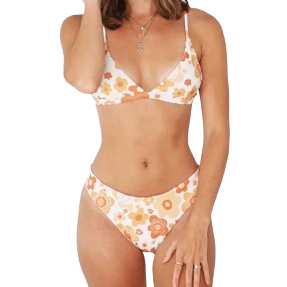 Aurelle L McCall Bikini Set Orange Retro Floral Print Two Piece - Picture 1 of 11